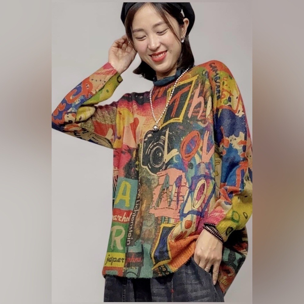 Pop Art Collage Oversized Knit Sweater Andy Warhol Roy Lichtenstein Multicolor